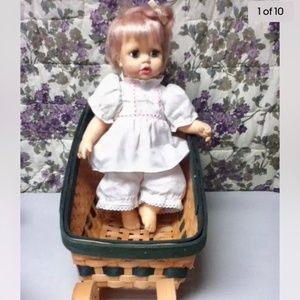 Vintage, 1971, 13in Ideal Blond Doll in Chip Wood Sleigh Bed